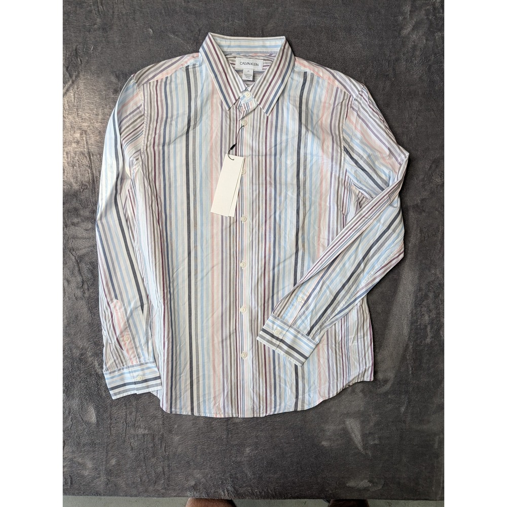 Calvin Klein Mens Large Multi Color Striped Long Sleeve Button Down Shirt NWT